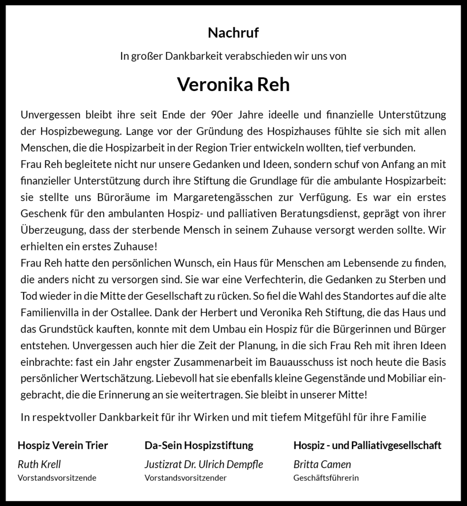 Hospiz Trier Nachruf Veronika Reh